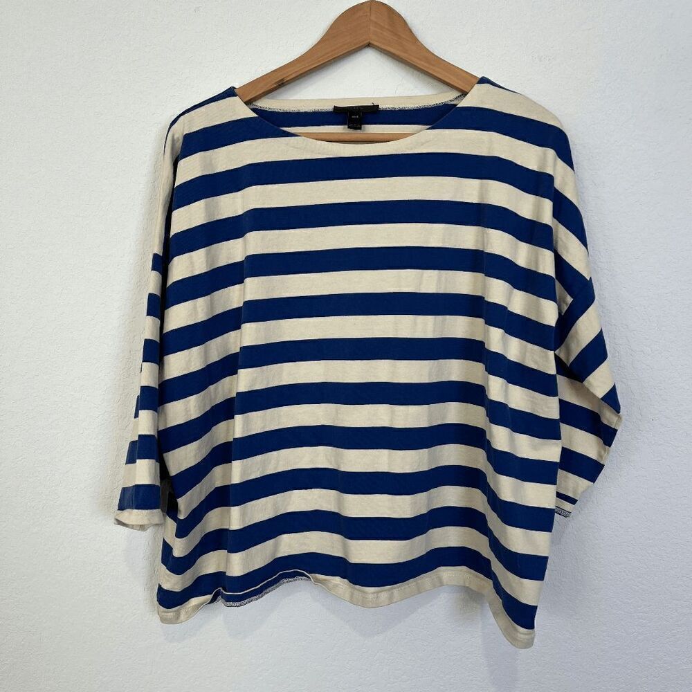 J. Crew Blue White Oversized Striped 3/4 Sleeve Boatneck T-Shirt Women's Size XS
